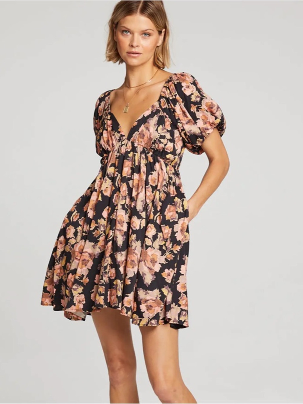 Floral Puff-Sleeve Mini Dress in Black and Peach